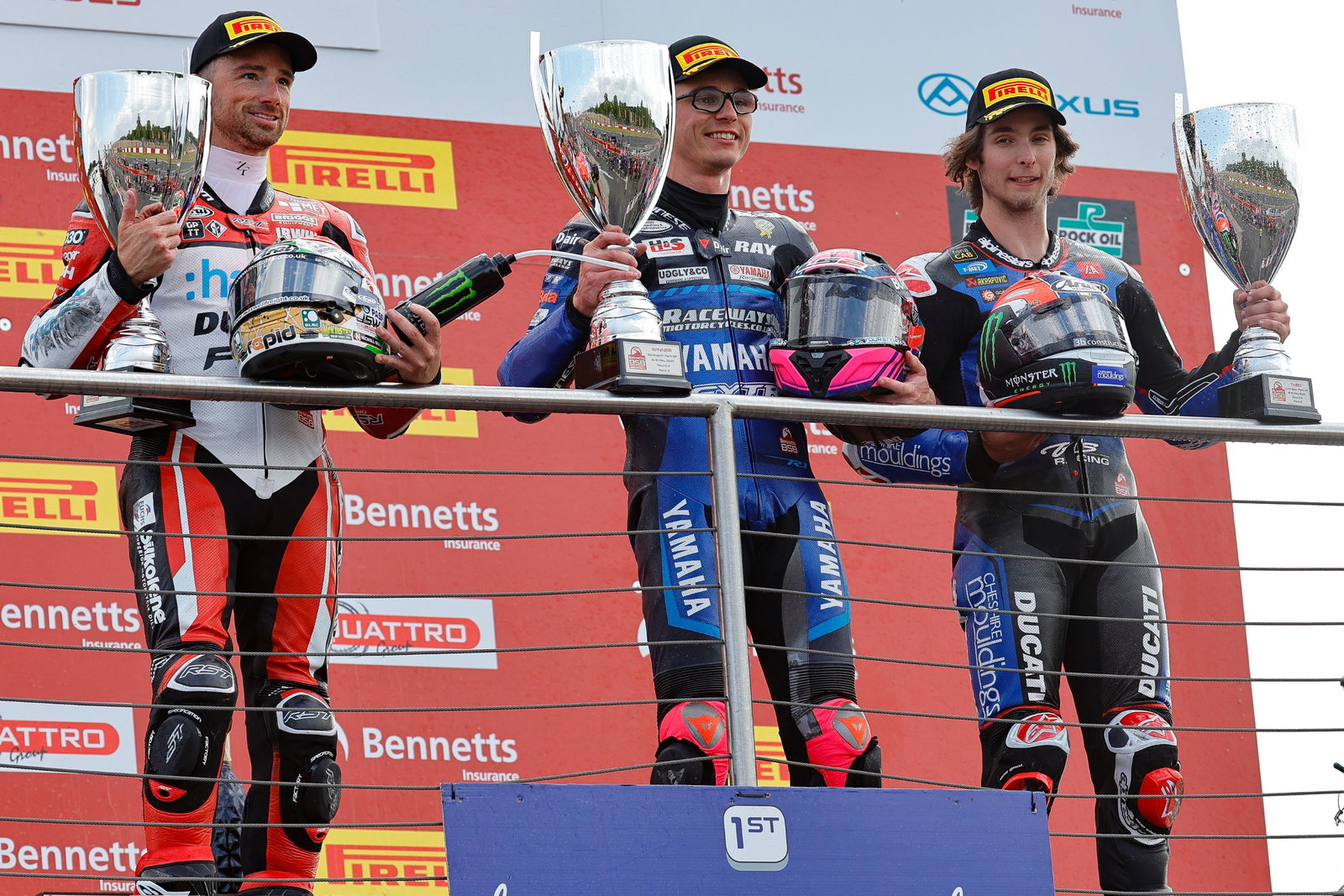 Bradley Ray, BSB, Donington Park, podium, 2025, with Skinner and Irwin